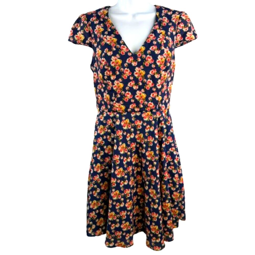 Betsey Johnson V-Neck Navy Blue Floral Fit & Flare A-Line Mini Dress Size 6